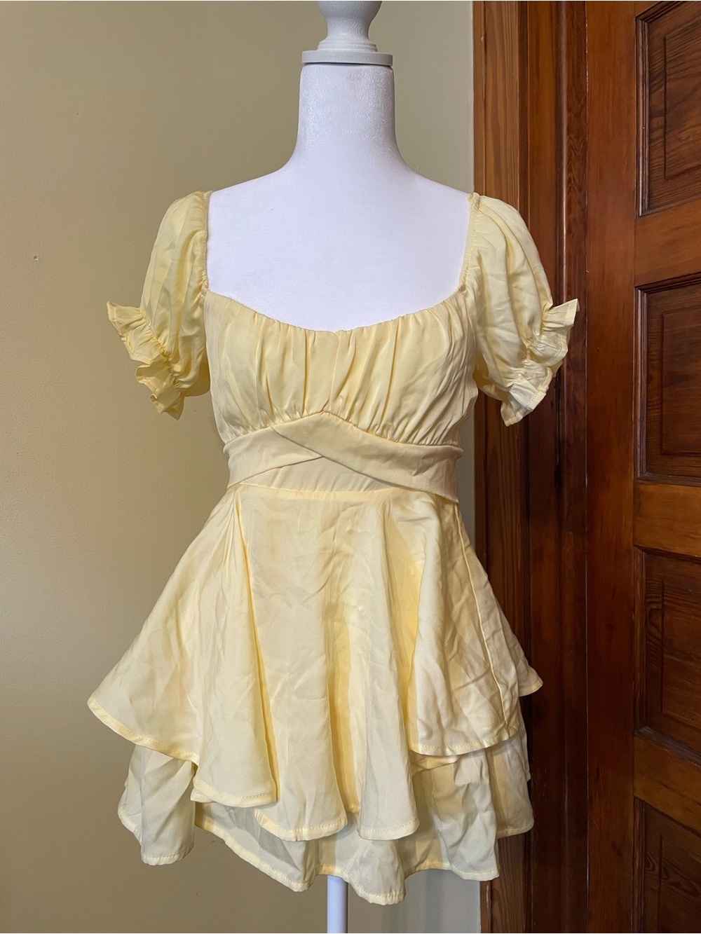 Francesca's Collections Yellow Ruffle Romper Dress with Puff Sleeves
